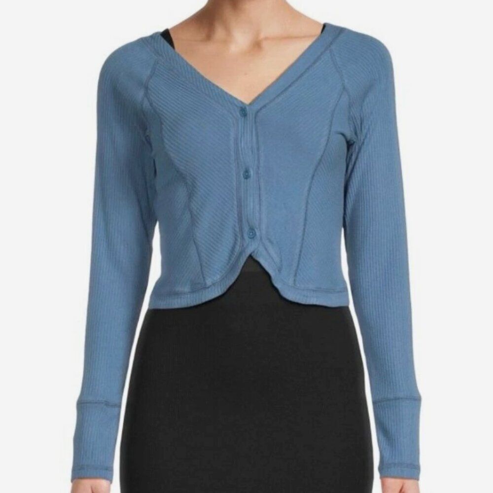 NWT AREA STARS RIBBED BOYFRIEND BUTTON FRONT TULIP HEM CROP TOP/CARDIGAN BLUE L